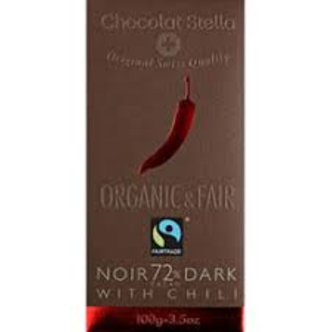 STELLA ORGANIC N FAIR 72% DARK CHOC CHILLI 100G